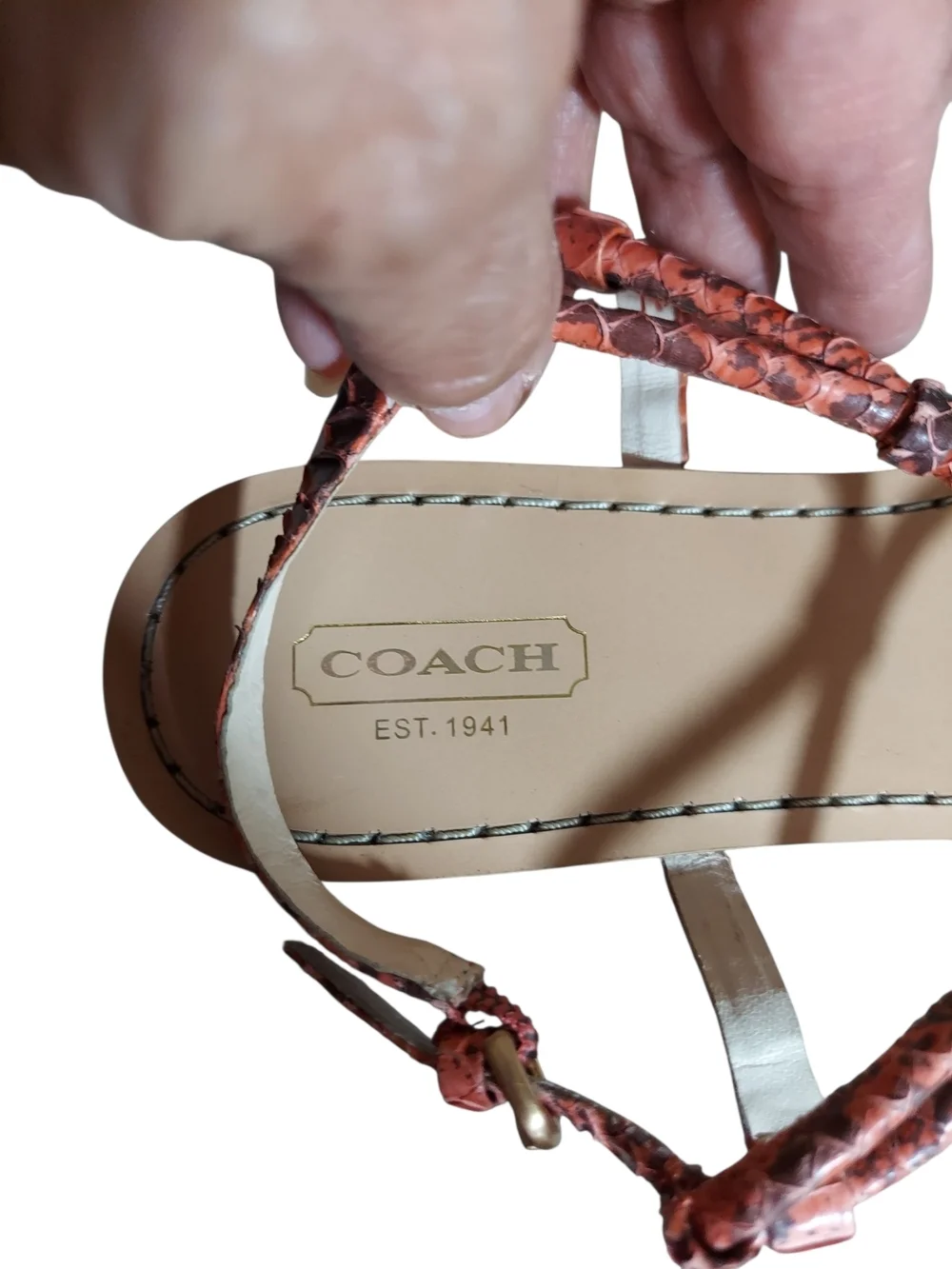 Coach Opal Snake T Strap Sandals Coral Leather Thong Flat Boho Resort